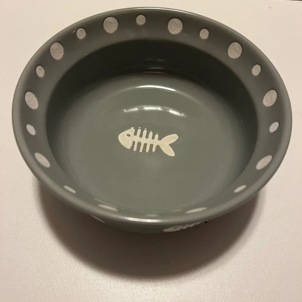Signature PAWS & FISH PET BOWL Dog cat food water dish Ceramic, Fish Bone